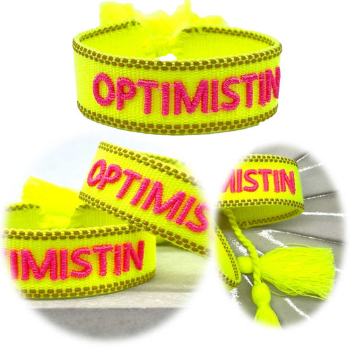 KI-generiertes Bild Canvas Statement Armband Optimistin Neon Gelb Pink Quasten besticktes Webarmband
