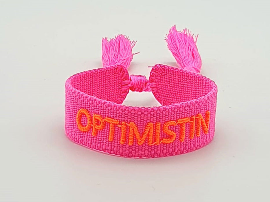 KI-generiertes Bild,Canvas Statement Armband Optimistin Neon Pink Orange Quasten besticktes Webarmband