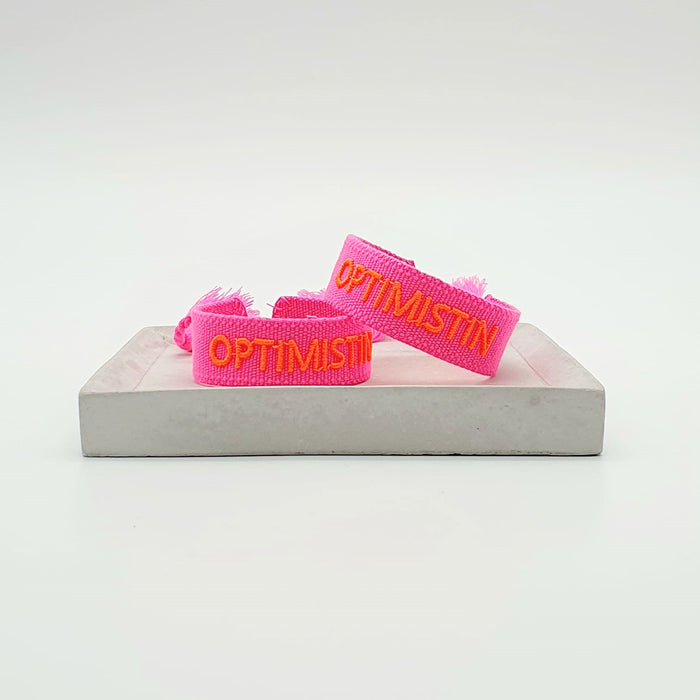 KI-generiertes Bild,Canvas Statement Armband Optimistin Neon Pink Orange Quasten besticktes Webarmband