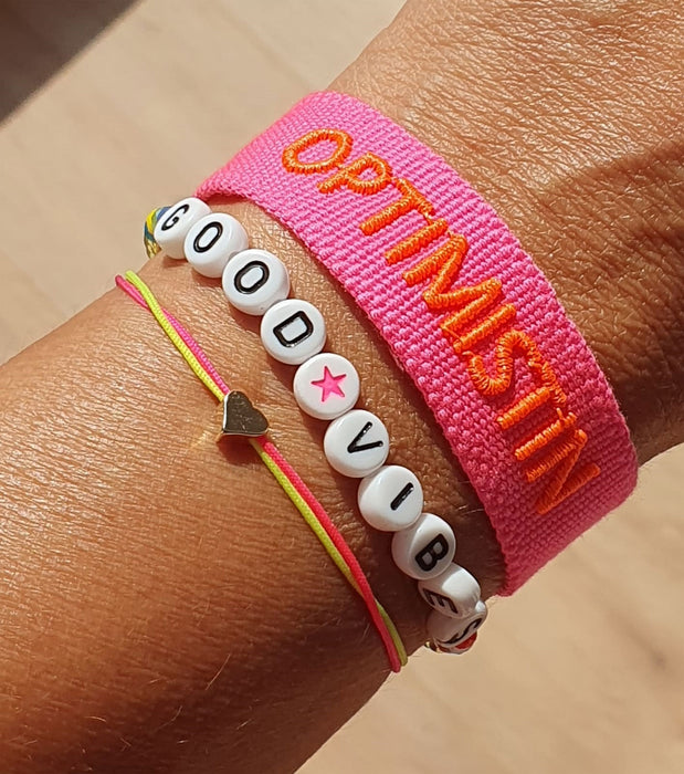KI-generiertes Bild,Canvas Statement Armband Optimistin Neon Pink Orange Quasten besticktes Webarmband