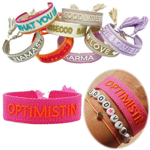 KI-generiertes Bild Canvas Statement Armband Optimistin Neon Pink Orange Quasten besticktes Webarmband
