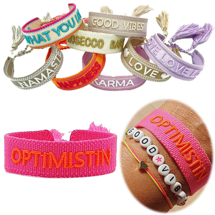 KI-generiertes Bild Canvas Statement Armband Optimistin Neon Pink Orange Quasten besticktes Webarmband