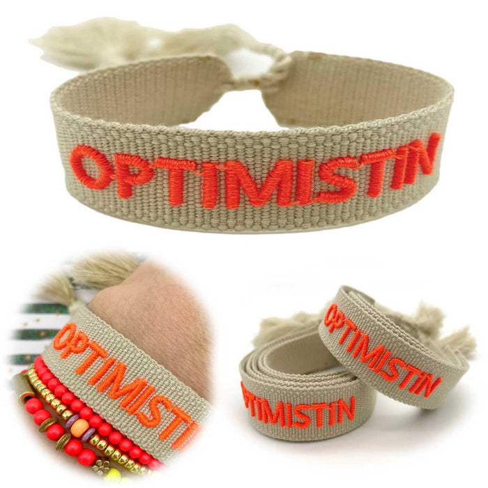 KI-generiertes Bild Canvas Statement Armband Optimistin Beige Quasten besticktes Webarmband