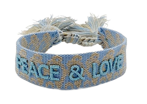 KI-generiertes Bild,Canvas Statement Armband Peace & Love Blau Quasten besticktes Webarmband