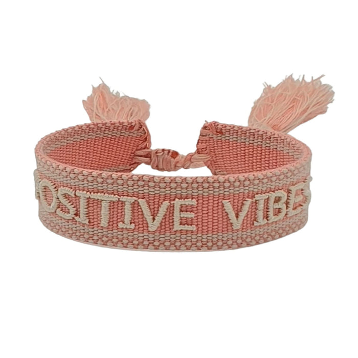 KI-generiertes Bild,Canvas Statement Armband Positive Vibes Rosa Weiß Quasten besticktes Webarmband