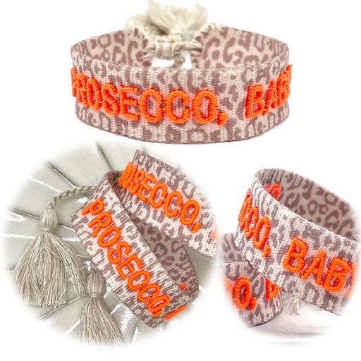 KI-generiertes Bild Canvas Statement Armband Leo Prosecco Baby Leopard Quasten besticktes Webarmband