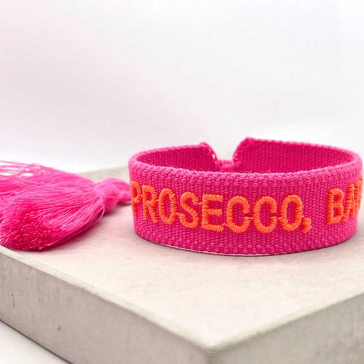 KI-generiertes Bild,Canvas Statement Armband Prosecco Baby Neon Pink Orange Quasten besticktes Webarmband