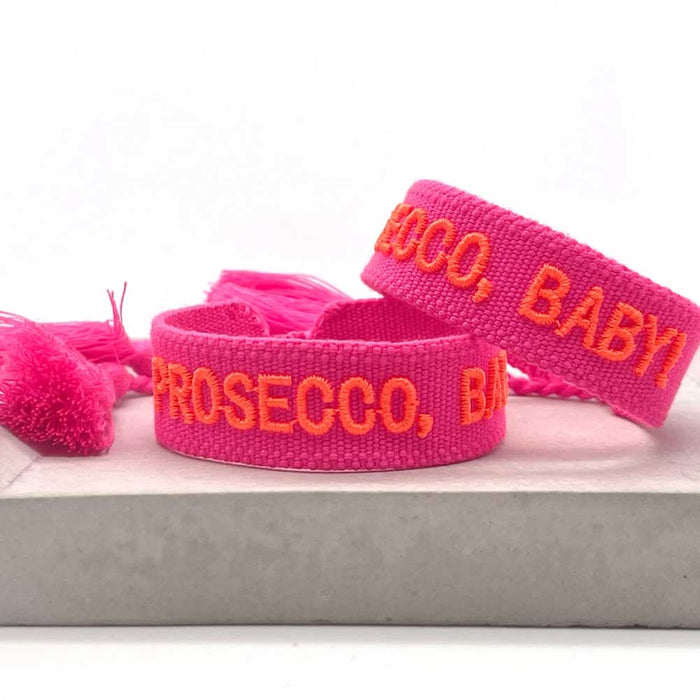 KI-generiertes Bild,Canvas Statement Armband Prosecco Baby Neon Pink Orange Quasten besticktes Webarmband