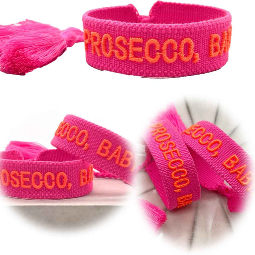 KI-generiertes Bild Canvas Statement Armband Prosecco Baby Neon Pink Orange Quasten besticktes Webarmband