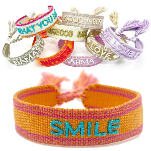 KI-generiertes Bild Canvas Statement Armband Smile Orange Türkis Quasten besticktes Webarmband