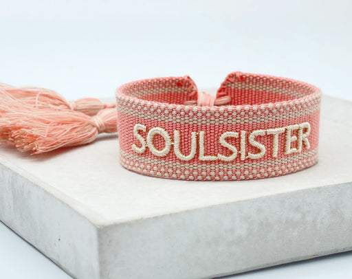 KI-generiertes Bild,Canvas Statement Armband Soulsister Rosa Weiß Quasten besticktes Webarmband