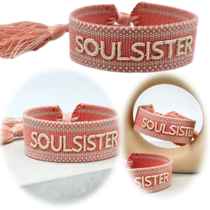 KI-generiertes Bild Canvas Statement Armband Soulsister Rosa Weiß Quasten besticktes Webarmband
