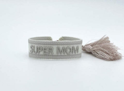 KI-generiertes Bild,Canvas Statement Armband Super Mom Silber Grau Quasten besticktes Webarmband