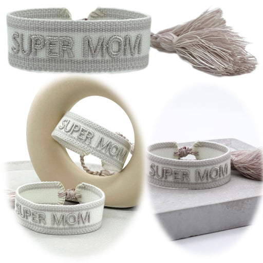 KI-generiertes Bild Canvas Statement Armband Super Mom Silber Grau Quasten besticktes Webarmband