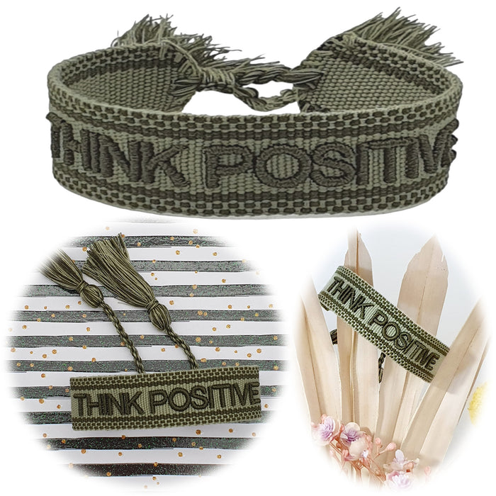 KI-generiertes Bild Canvas Statement Armband Think Positive Khaki Grün Quasten besticktes Webarmband