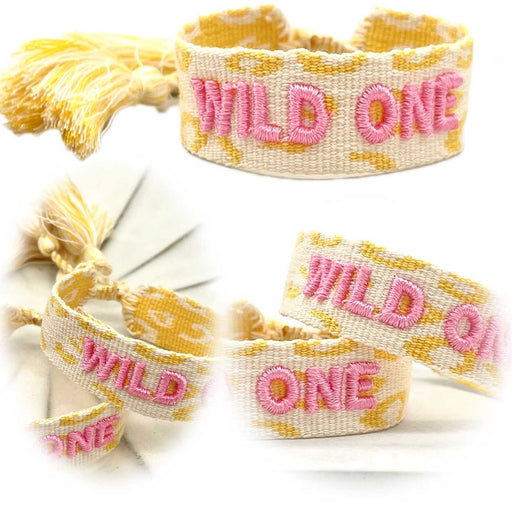 KI-generiertes Bild Canvas Statement Armband Wild One Gelb Rose Pink Quasten besticktes Webarmband