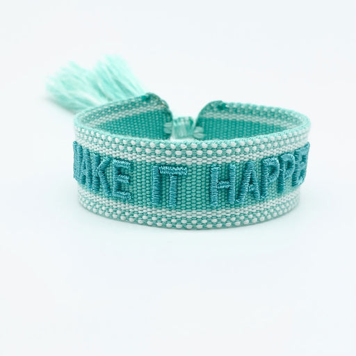 KI-generiertes Bild,Canvas Statement Armband Make it Happen Türkis Blau Quasten besticktes Webarmband