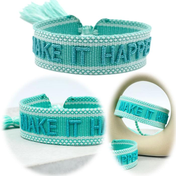 KI-generiertes Bild Canvas Statement Armband Make it Happen Türkis Blau Quasten besticktes Webarmband