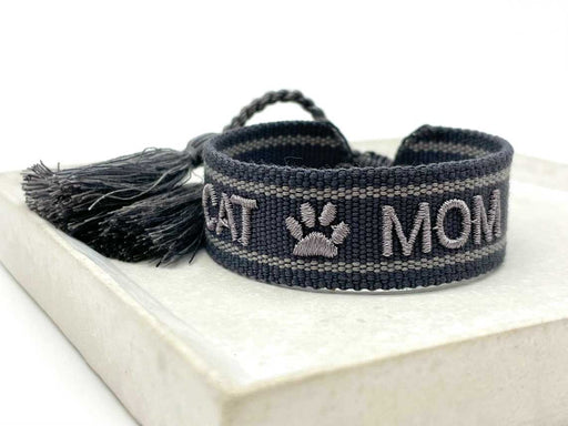 KI-generiertes Bild,Canvas Statement Armband Cat Mom Anthrazit Grau Quasten besticktes Webarmband