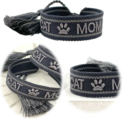 KI-generiertes Bild Canvas Statement Armband Cat Mom Anthrazit Grau Quasten besticktes Webarmband