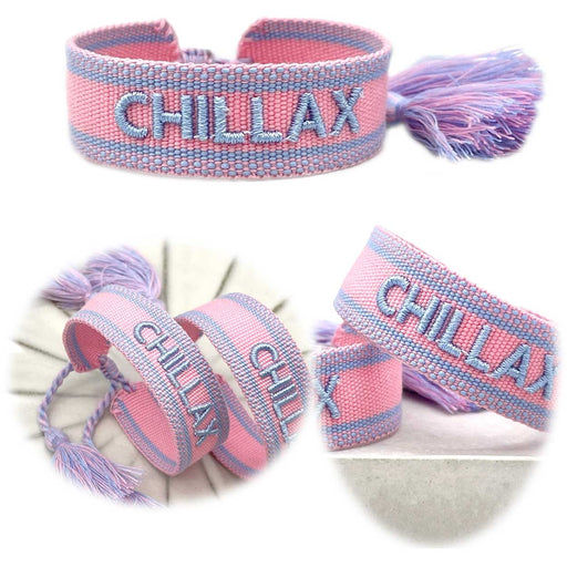 KI-generiertes Bild Canvas Statement Armband Chillax Rose Blau Quasten besticktes Webarmband