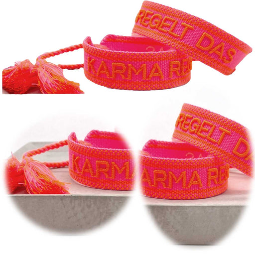 KI-generiertes Bild Canvas Statement Armband Karma regelt das Neon Pink Orange Quasten besticktes Webarmband