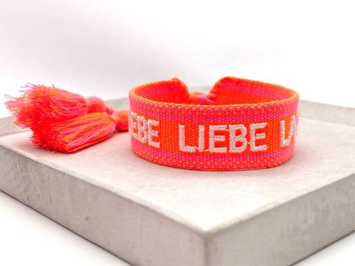 KI-generiertes Bild,Canvas Statement Armband Lebe Liebe Lache Neon Orange Pink Quasten besticktes Webarmband