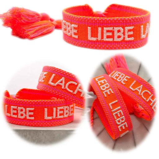 KI-generiertes Bild Canvas Statement Armband Lebe Liebe Lache Neon Orange Pink Quasten besticktes Webarmband