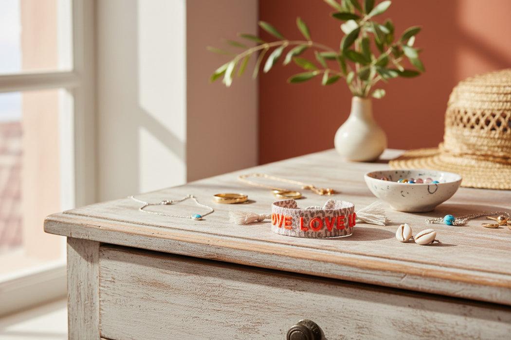 KI-generiertes Bild,Canvas Statement Armband Love Leo Leopard Neon Orange Quasten besticktes Webarmband