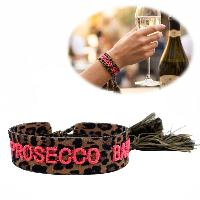 KI-generiertes Bild Canvas Statement Armband Leo Prosecco Baby Neon Bubble Quasten besticktes Webarmband