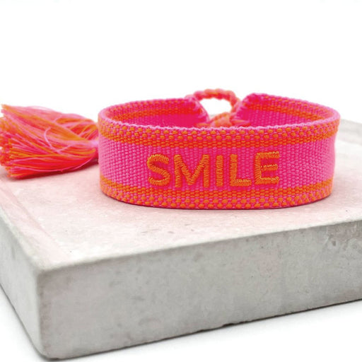KI-generiertes Bild,Canvas Statement Armband Smile Neon Pink Orange Quasten besticktes Webarmband