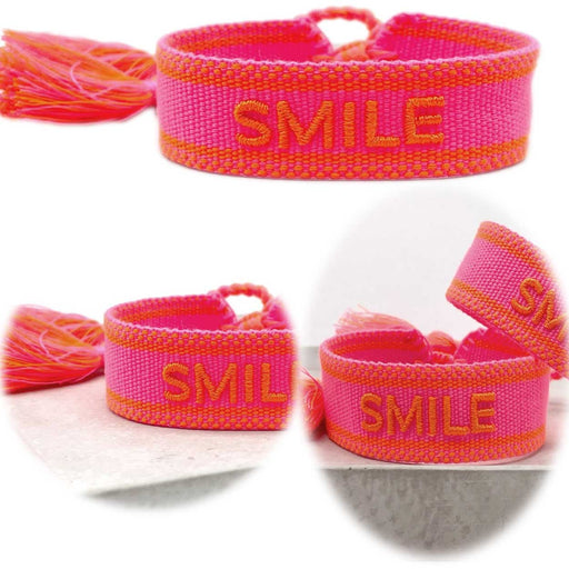 KI-generiertes Bild Canvas Statement Armband Smile Neon Pink Orange Quasten besticktes Webarmband