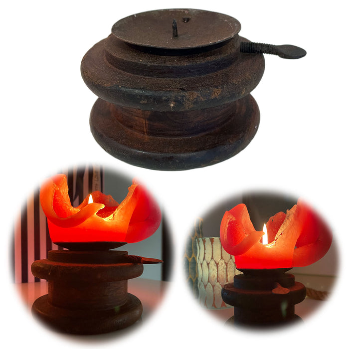 KI-generiertes Bild Holz Kerzenständer Nähspule 10cm Teak Recycelt Kerzenhalter für Stumpenkerze