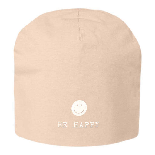KI-generiertes Bild Stylische Mütze Unisex "Be Happy" Beige Jersey Stretch Beanie weich dehnbar