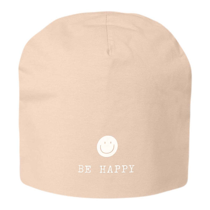 KI-generiertes Bild Stylische Mütze Unisex "Be Happy" Beige Jersey Stretch Beanie weich dehnbar