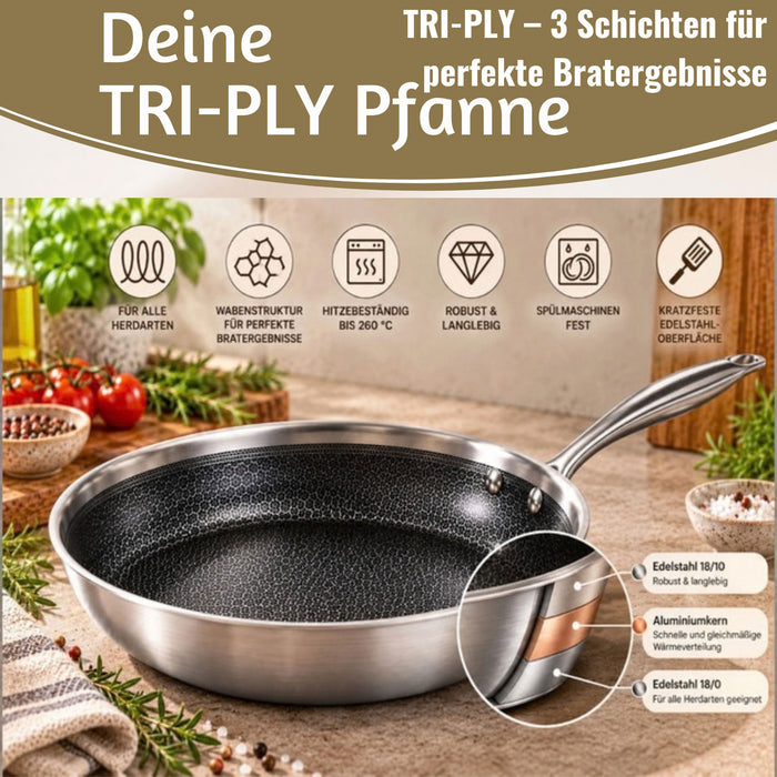 KI-generiertes Bild,TRI-PLY Edelstahlpfanne Unbeschichtet Bratpfanne Pfanne für alle Herdarten