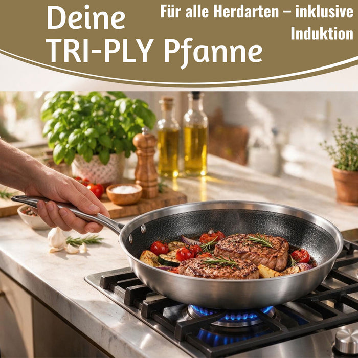 KI-generiertes Bild,TRI-PLY Edelstahlpfanne Unbeschichtet Bratpfanne Pfanne für alle Herdarten