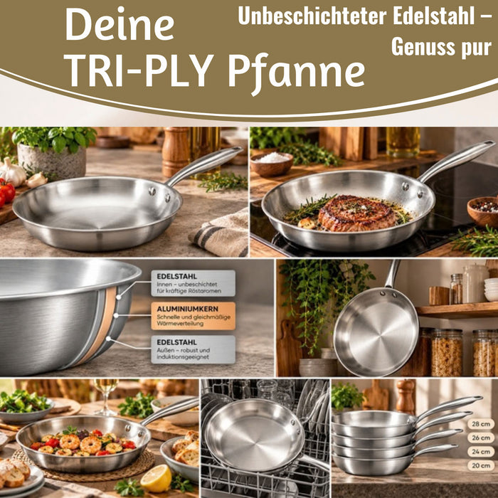 KI-generiertes Bild,TRI-PLY Edelstahlpfanne Unbeschichtet Bratpfanne Pfanne für alle Herdarten