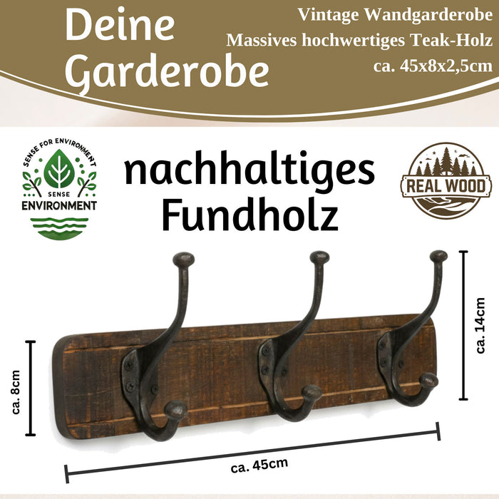 KI-generiertes Bild,Vintage Teak Holz Wandgarderobe 45cm 3/6 Haken Jackenhalter Braun Garderobenleiste