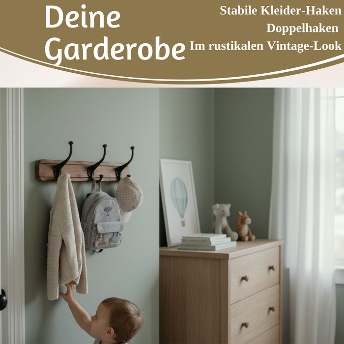 KI-generiertes Bild,Vintage Teak Holz Wandgarderobe 45cm 3/6 Haken Jackenhalter Braun Garderobenleiste