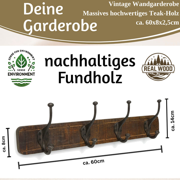 KI-generiertes Bild,Vintage Teak Holz Wandgarderobe 60cm 4/8 Haken Jackenhalter Braun Garderobenleiste