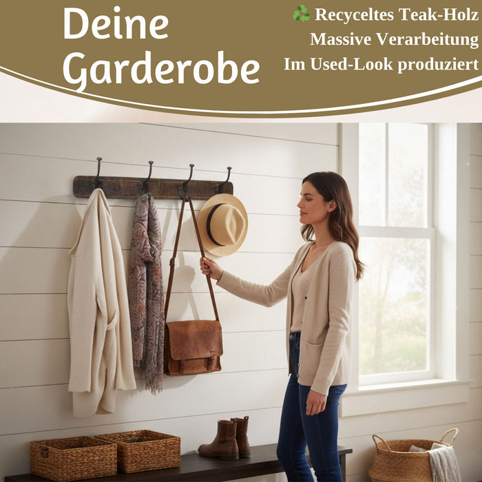 KI-generiertes Bild,Vintage Teak Holz Wandgarderobe 60cm 4/8 Haken Jackenhalter Braun Garderobenleiste