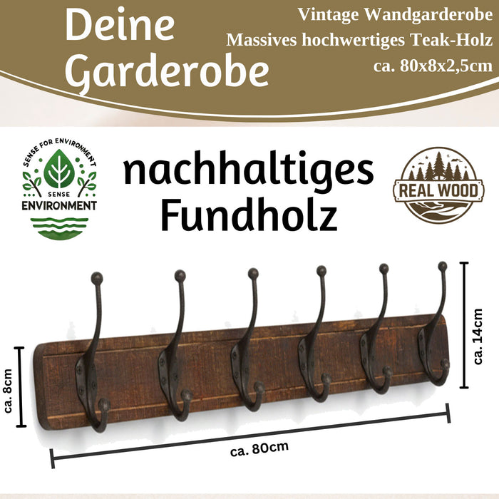 KI-generiertes Bild,Vintage Teak Holz Wandgarderobe 80cm 6/12 Haken Jackenhalter Braun Garderobenleiste