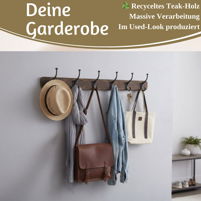 KI-generiertes Bild,Vintage Teak Holz Wandgarderobe 80cm 6/12 Haken Jackenhalter Braun Garderobenleiste