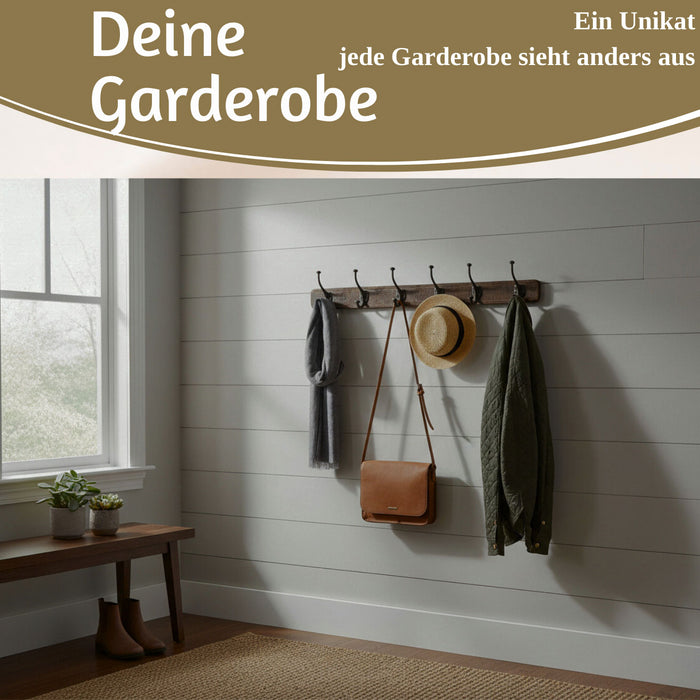 KI-generiertes Bild,Vintage Teak Holz Wandgarderobe 80cm 6/12 Haken Jackenhalter Braun Garderobenleiste