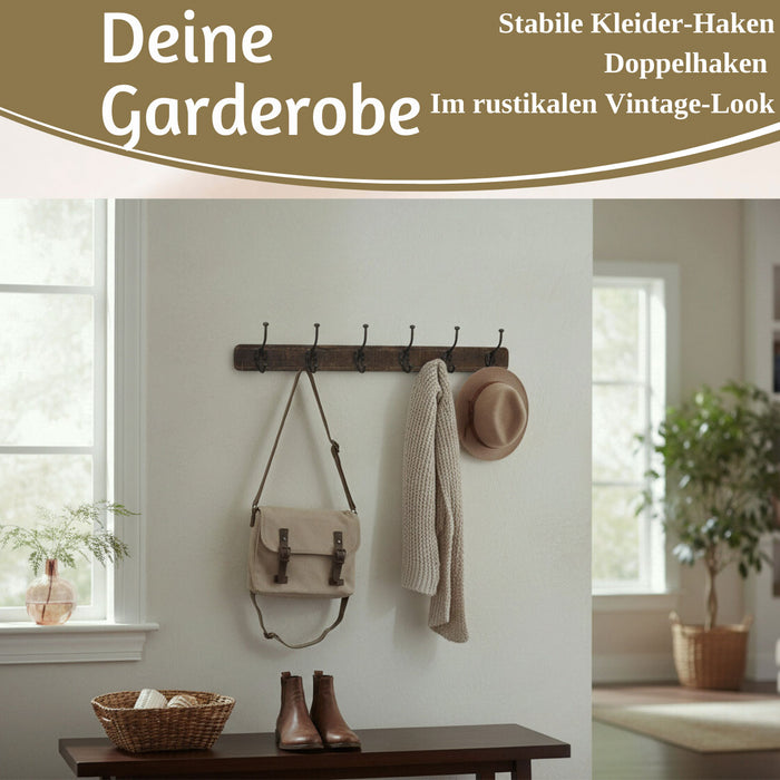 KI-generiertes Bild,Vintage Teak Holz Wandgarderobe 80cm 6/12 Haken Jackenhalter Braun Garderobenleiste