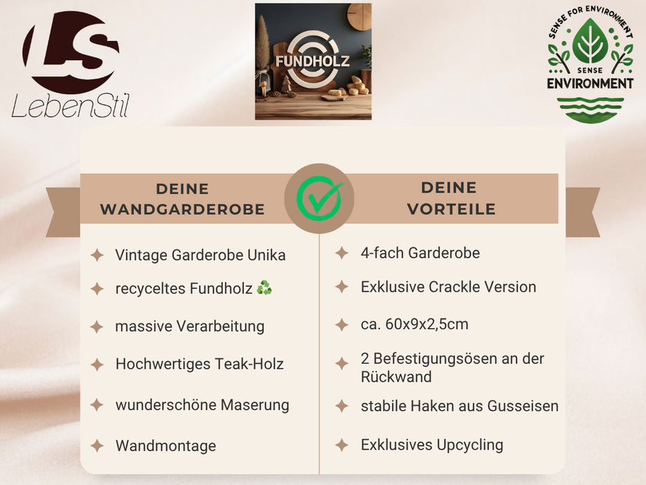 KI-generiertes Bild,Vintage Wandgarderobe Dehli 60cm Teak Holz Weiß 4/8 Haken Kleiderhaken