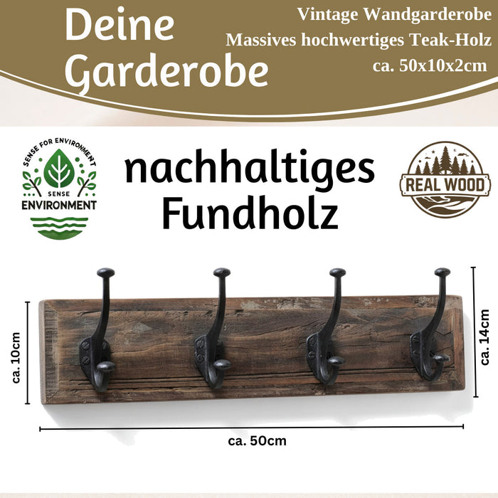KI-generiertes Bild,Vintage Wandgarderobe Dehli 50cm Teak Holz Braun 4/8 Haken Kleiderhaken