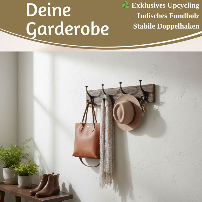 KI-generiertes Bild,Vintage Wandgarderobe Dehli 50cm Teak Holz Braun 4/8 Haken Kleiderhaken