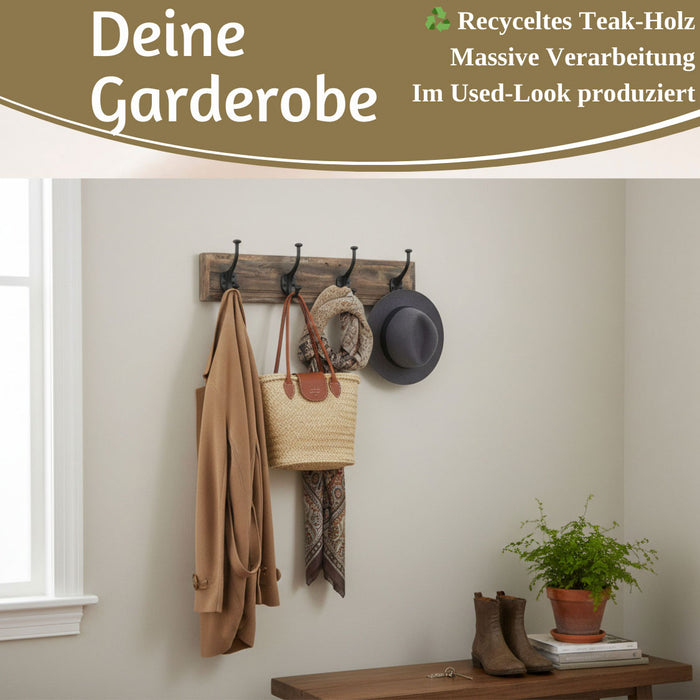 KI-generiertes Bild,Vintage Wandgarderobe Dehli 50cm Teak Holz Braun 4/8 Haken Kleiderhaken